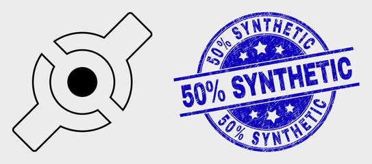 Vector outline artificial joint pictogram and 50% Synthetic seal stamp. Blue round grunge seal stamp with 50% Synthetic phrase. Black isolated artificial joint pictogram in outline style.