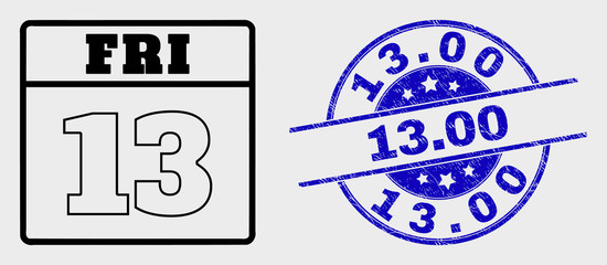 Vector contour 13th friday calendar page pictogram and 13.00 watermark. Blue round grunge watermark with 13.00 caption. Black isolated 13th friday calendar page pictogram in contour style.