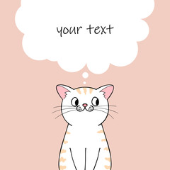 Cute cartoon cat character. Greeting card or invitation template with place for text. Hand drawn illustration