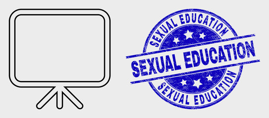 Vector line banner board icon and Sexual Education seal. Blue round textured seal stamp with Sexual Education text. Black isolated banner board icon in line style.