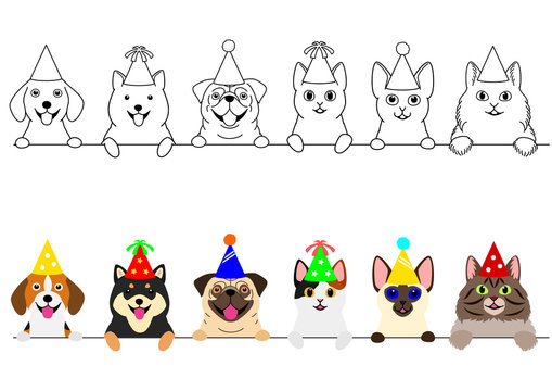smiling cats and dogs with party hat border set