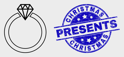 Vector stroke jewelry ring pictogram and Christmas Presents seal stamp. Blue round scratched seal with Christmas Presents title. Black isolated jewelry ring pictogram in stroke style.