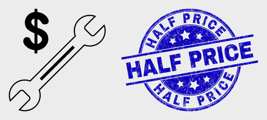 Vector line dollar wrench pictogram and Half Price stamp. Blue rounded scratched seal stamp with Half Price text. Black isolated dollar wrench pictogram in contour style.