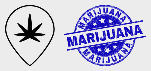 Vector outline cannabis map marker pictogram and Marijuana seal. Blue round grunge seal with Marijuana title. Black isolated cannabis map marker pictogram in stroke style.