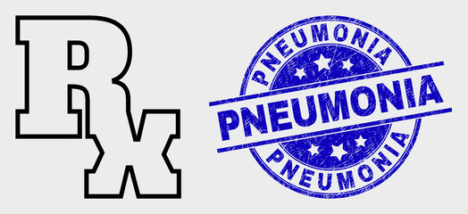 Vector line Rx symbol icon and Pneumonia watermark. Blue rounded scratched watermark with Pneumonia caption. Black isolated Rx symbol icon in outline style.