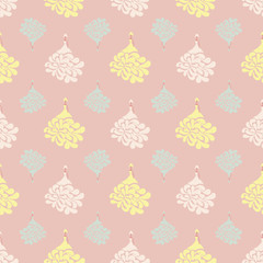 A seamless vector pattern with dolls in white dresses on powder pink background. Surface print design.
