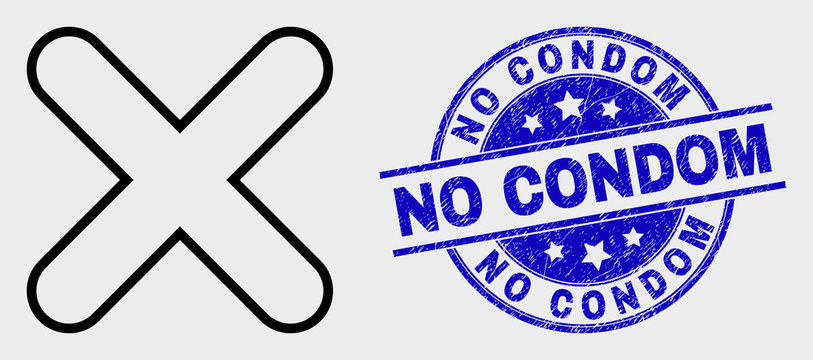 Vector linear x-cross icon and No Condom seal stamp. Blue rounded distress seal stamp with No Condom caption. Black isolated x-cross icon in stroke style.