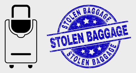 Vector contour voyage luggage pictogram and Stolen Baggage seal. Blue round textured seal stamp with Stolen Baggage phrase. Black isolated voyage luggage pictogram in contour style.