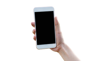 Hand holding Mobile Smart phone on white Background