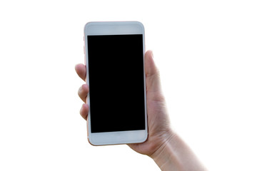 Hand holding Mobile Smart phone on white Background