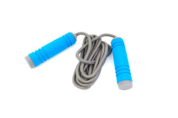 Skipping rope or jumping rope isolated on white background. Selective focus and crop fragment