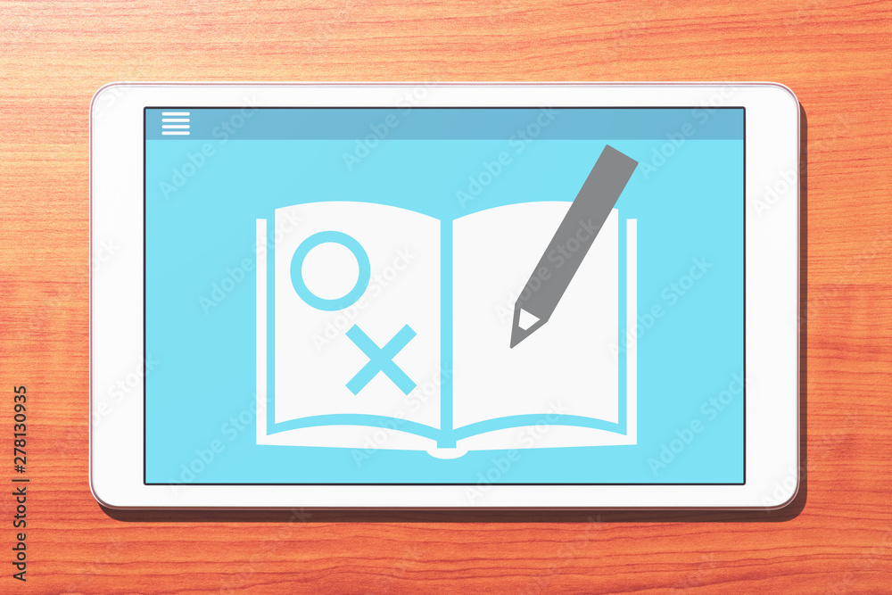 Fototapete E-learning concept image. Tablet computer on wooden desk. Application of problems collection on screen. Front view image.