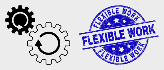 Vector linear gears rotation pictogram and Flexible Work seal stamp. Blue rounded scratched seal stamp with Flexible Work caption. Black isolated gears rotation symbol in line style.