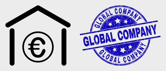 Obraz premium Vector outline euro bank pictogram and Global Company watermark. Blue round textured watermark with Global Company caption. Black isolated euro bank pictogram in outline style.
