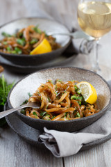 COCHAYUYO spaghetti. Ceviche salad fron pacific seaweed cochayuyo cut us spaghetti