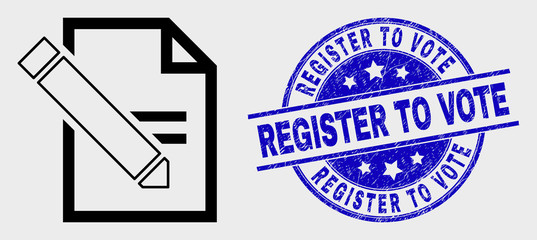 Vector outline edit text page icon and Register to Vote seal stamp. Blue round grunge seal stamp with Register to Vote message. Black isolated edit text page icon in line style.