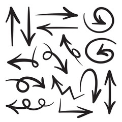 Fototapeta premium Collection of hand drawn doodle style arrows in various directions and styles., Vector arrows sets isolated on white background.