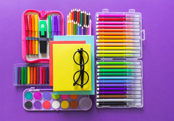 Fototapeta premium Stationery flat lay. Bright material for a child Back to school.