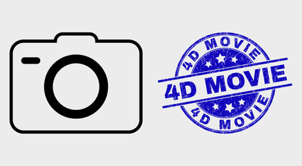 Vector outline photo camera pictogram and 4D Movie stamp. Blue round distress seal stamp with 4D Movie message. Black isolated photo camera pictogram in stroke style.