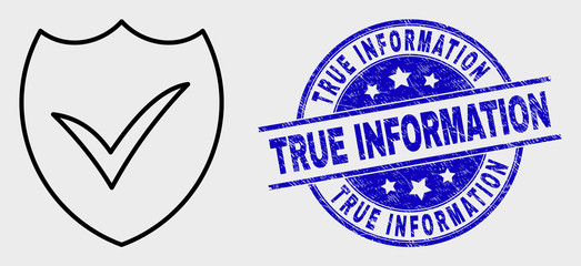 Vector stroke valid shield pictogram and True Information stamp. Blue rounded grunge seal stamp with True Information caption. Black isolated valid shield icon in line style.