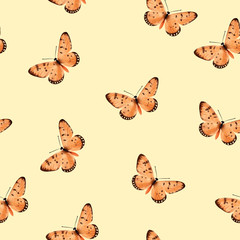 watercolor painting orange butterfly seamless pattern on orange background.illustration.