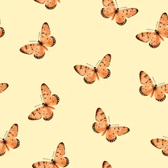 Meubelstickers watercolor painting orange butterfly seamless pattern on orange background.illustration. © Maggieway