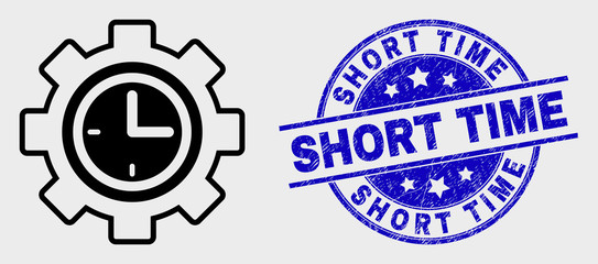 Vector line clock setup wheel pictogram and Short Time watermark. Blue round grunge watermark with Short Time message. Black isolated clock setup wheel pictogram in line style.
