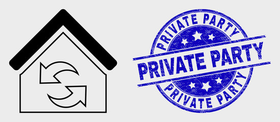 Vector stroke refresh house icon and Private Party seal stamp. Blue round textured seal stamp with Private Party message. Black isolated refresh house pictogram in contour style.