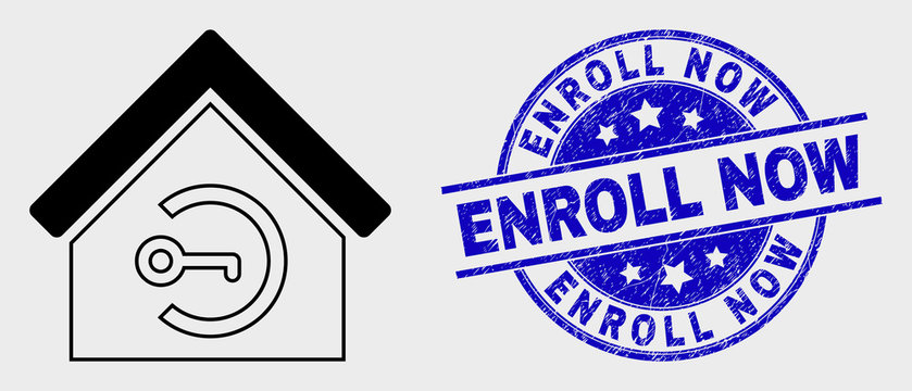 Vector contour home keyhole icon and Enroll Now stamp. Blue rounded distress seal stamp with Enroll Now message. Black isolated home keyhole icon in contour style.