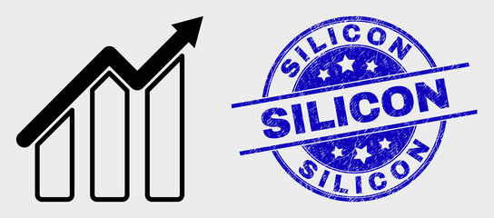 Vector stroke trend chart icon and Silicon watermark. Blue round distress seal stamp with Silicon caption. Black isolated trend chart icon in stroke style.