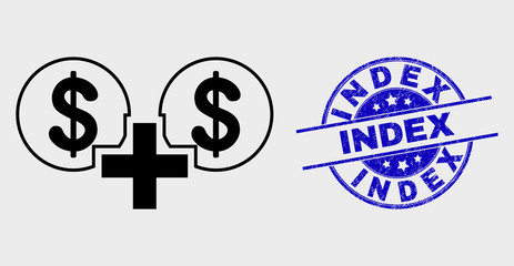 Vector linear financial sum icon and Index stamp. Blue round scratched seal stamp with Index title. Black isolated financial sum icon in line style.