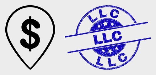 Vector outline dollar map marker pictogram and Llc stamp. Blue rounded grunge stamp with Llc text. Black isolated dollar map marker pictogram in outline style.