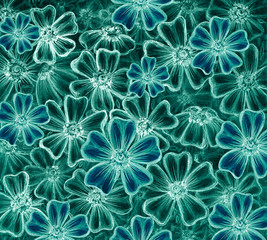 Floral pattern. Hand-drawn pencil turquoise flowers texture.