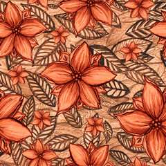 Fototapeta premium Floral pattern. Hand-drawn abstract pencil autumn orange flowers texture.