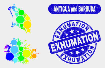 Rainbow colored dotted Antigua and Barbuda map and watermarks. Blue rounded Exhumation textured seal stamp. Gradiented rainbow colored Antigua and Barbuda map mosaic of randomized circle dots.