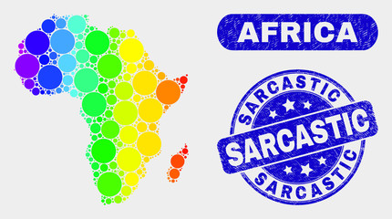 Spectral dot Africa map and seal stamps. Blue round Sarcastic scratched seal stamp. Gradiented spectral Africa map mosaic of scattered round elements. Sarcastic stamp with grunged surface.