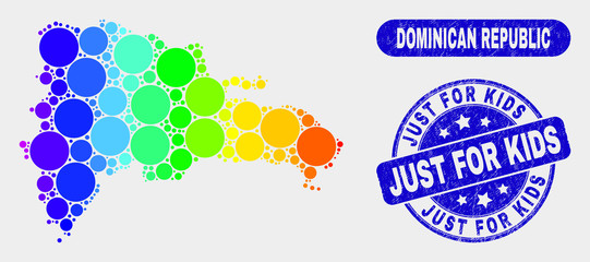 Rainbow colored dot Dominican Republic map and seal stamps. Blue rounded Just for Kids scratched watermark. Gradient rainbow colored Dominican Republic map mosaic of randomized small spheres.