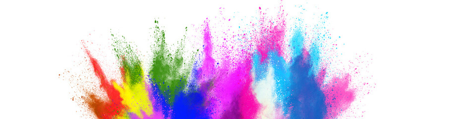 The explosion of multi colored powder. Beautiful rainbow color powder fly away. The cloud of glowing color powder on white background.