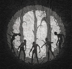 Zombie silhouettes in dark forest. Halloween theme background. Round frame