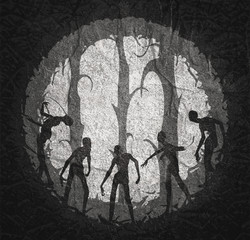 Naklejka premium Zombie silhouettes in dark forest. Halloween theme background. Round frame
