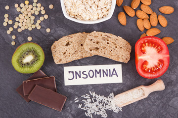 Inscription insomnia with food containing melatonin and tryptophan. Best eating for problems with sleep