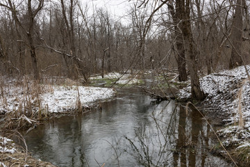 Nature background stream in woods in winter