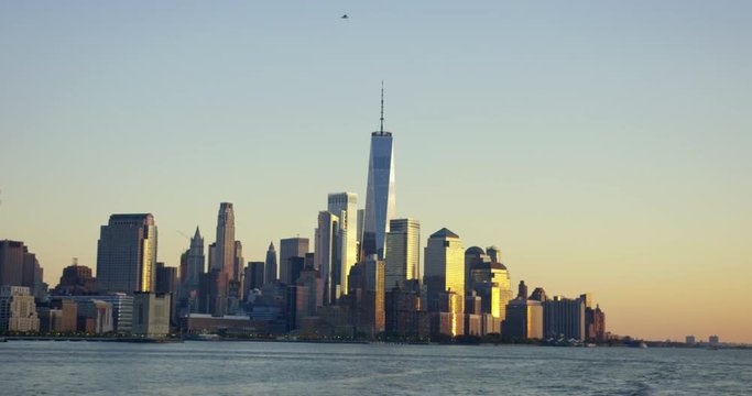 Iconic Financial District In Manhattan With Famous World Trade Centre On the Incredible Hudson River At Sunset