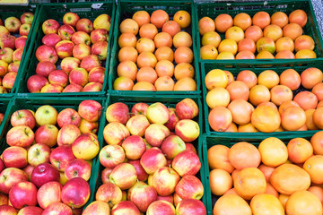 Apples, oranges and grapefruits for sale at a market