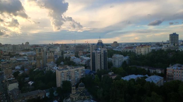 Kiev City Time-Lapse Of  Urban Area.City Of Kiev Kyiv Aerial Drone Panorama On Summer Day.Evening Kiyv City Time-Lapse. Kiev City From Above Timelapse At Sunrise.