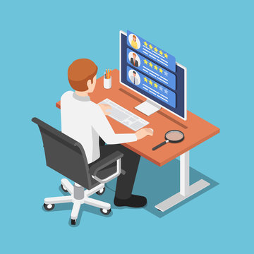 Isometric businessman find freelancer specialist on his computer