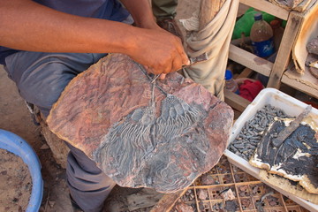 Midsection of a man cleaning rock with fossil © Vedrana