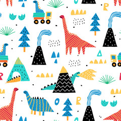 Modèle sans couture enfantin avec montagne, volcan, dinosaures et plantes tropicales. Texture vectorielle dans un style enfantin idéale pour le tissu et le textile, les fonds d& 39 écran, les arrière-plans. Style scandinave.
