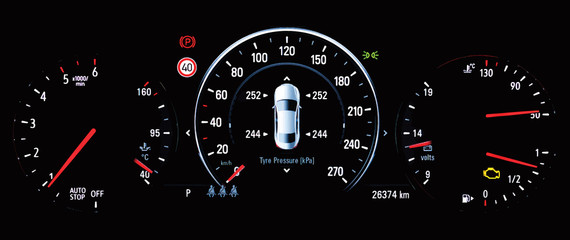 Fototapeta premium Illustration of TPMS (Tyre Pressure Monitoring System) monitoring display on car dashboard panel. The pressure measurement given in kPa. Malfunction check engine warning light control on car dashboard