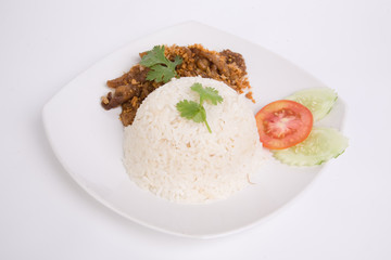 Rice with chicken fried with garlic and black pepper. Closeup for design-works (Thai Food)